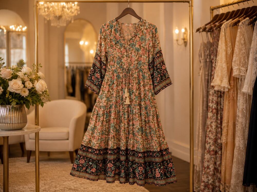 Three Bird Nest Womens Floral Tiered Maxi Dress Puff Sleeve Drawstring Small NWT